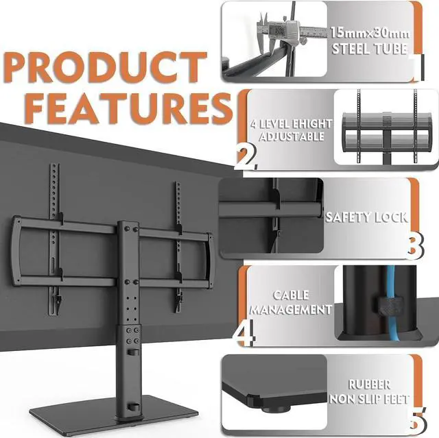 Alt view image 3 of 7 - Universal Tabletop TV Stand with Wall Mount for 32 to 70 inch 4 Level Height Adjustable, Heavy Duty Tempered Glass Base, Holds up to 110lbs Screens, HT03B-002