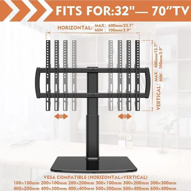 Alt view image 6 of 7 - Universal Tabletop TV Stand with Wall Mount for 32 to 70 inch 4 Level Height Adjustable, Heavy Duty Tempered Glass Base, Holds up to 110lbs Screens, HT03B-002