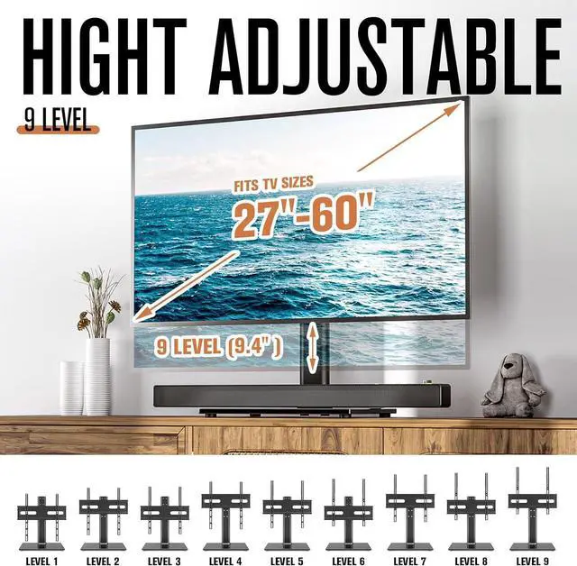 Alt view image 3 of 7 - Universal Swivel TV Stand - Table Top TV Stand for 27-60 inch LCD LED TVs - Height Adjustable TV Base Stand with Tempered Glass Base & Wire Management, VESA 400x400mm HT06B-002