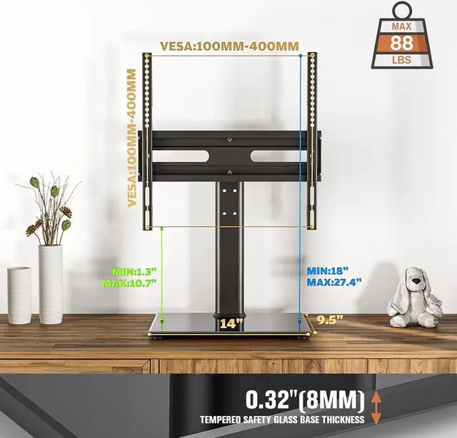 Alt view image 7 of 7 - Universal Swivel TV Stand - Table Top TV Stand for 27-60 inch LCD LED TVs - Height Adjustable TV Base Stand with Tempered Glass Base & Wire Management, VESA 400x400mm HT06B-002