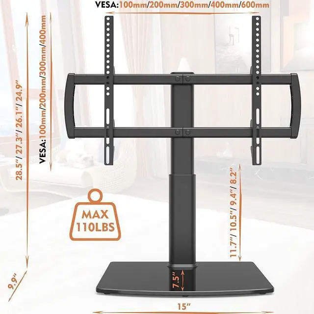 Alt view image 4 of 7 - Universal Tabletop TV Stand with Wall Mount for 32 to 70 inch 4 Level Height Adjustable, Heavy Duty Tempered Glass Base, Holds up to 110lbs Screens, HT03B-002