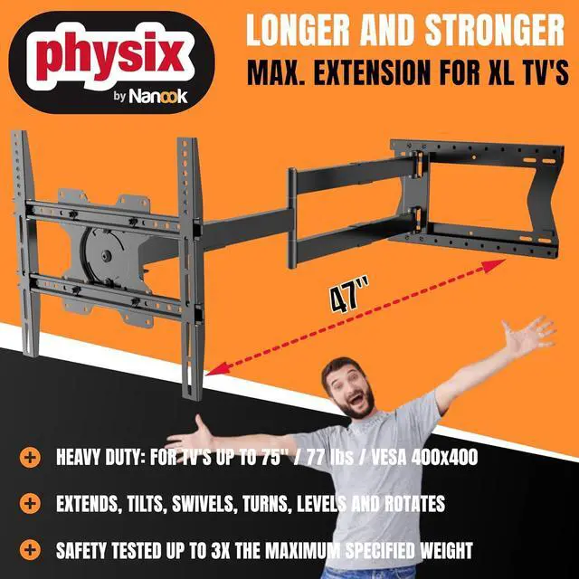 Alt view image 2 of 7 - Physix 2120 Long arm TV Wall Mount for 32-75 inch Screens | Extra Long Extension up to 47 inch | Heavy-Duty TV Mount Holds up to 77 lbs | Full-Motion, swivels up to 180° | Max. VESA 400x400