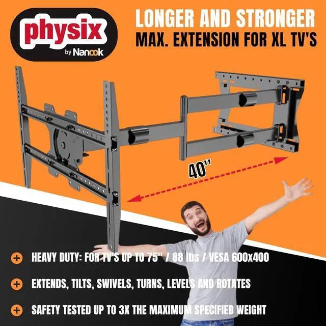 Alt view image 2 of 7 - Physix 2100 Long arm TV Wall Mount for 32-75 Inch Screens Extra Long Extension up to 40 Inch Heavy-Duty TV Mount Holds up to 88 lbs Full-Motion, Swivels up to 180° Max. VESA 600x400, Black