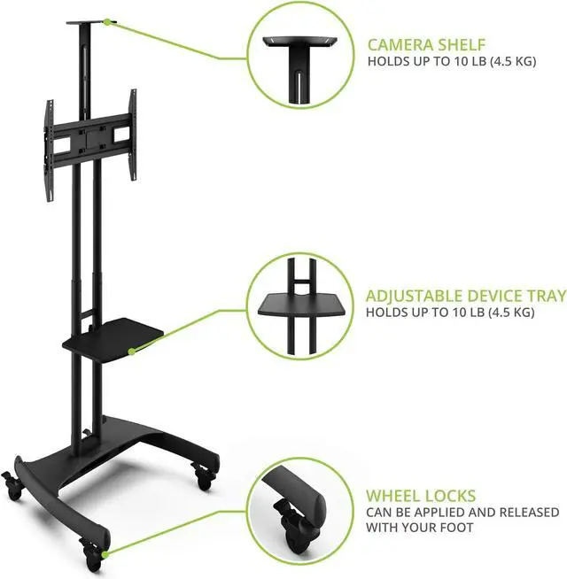 Alt view image 3 of 7 - Kanto MTM65PL Height Adjustable Mobile TV Stand with Adjustable Shelf for 37-inch to 65-inch TVs | Supports up to 80 lb (36 kg) Total | Integrated Cable Management | Black
