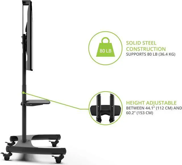 Alt view image 5 of 7 - Kanto MTM65PL Height Adjustable Mobile TV Stand with Adjustable Shelf for 37-inch to 65-inch TVs | Supports up to 80 lb (36 kg) Total | Integrated Cable Management | Black