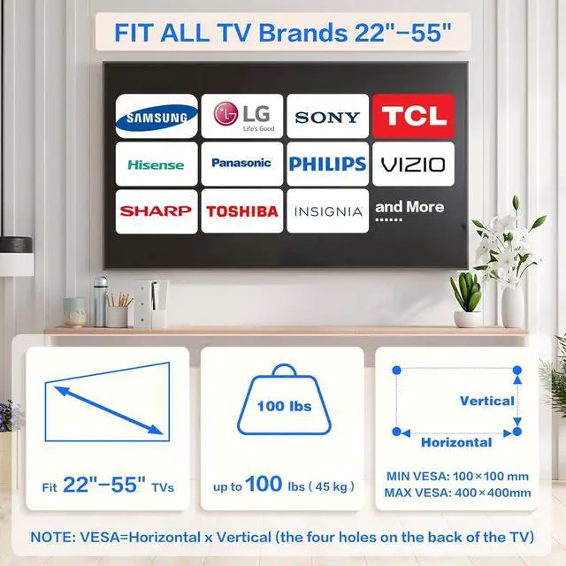 Alt view image 3 of 6 - No Drill Drywall TV Mount,No Stud TV Wall Mount for All Brand 22-55 Inch TVs up to 100lbs, Easy Install No Stud Studless TV Wall Mount,Include All Hardware