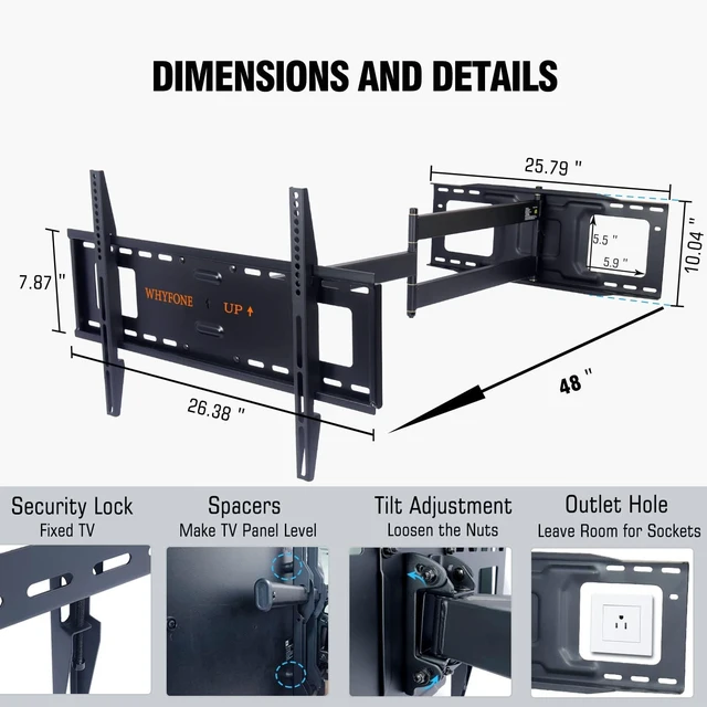 Alt view image 5 of 7 - 48" Extension Long Arm Full Motion TV Wall Mount 37-85 TV by WHYFONE