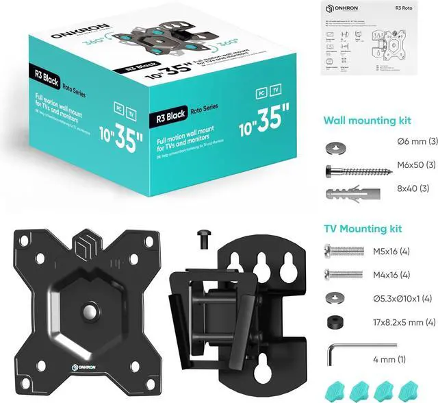 Alt view image 7 of 7 - ONKRON Small TV Wall Mount for 10-35 Inch Screen up to 44 lbs, 360° Rotating TV Mount Low Profile with Swivel and Tilt VESA 75x75 & 100x100, Full Motion Wall Mount Monitor Bracket Black