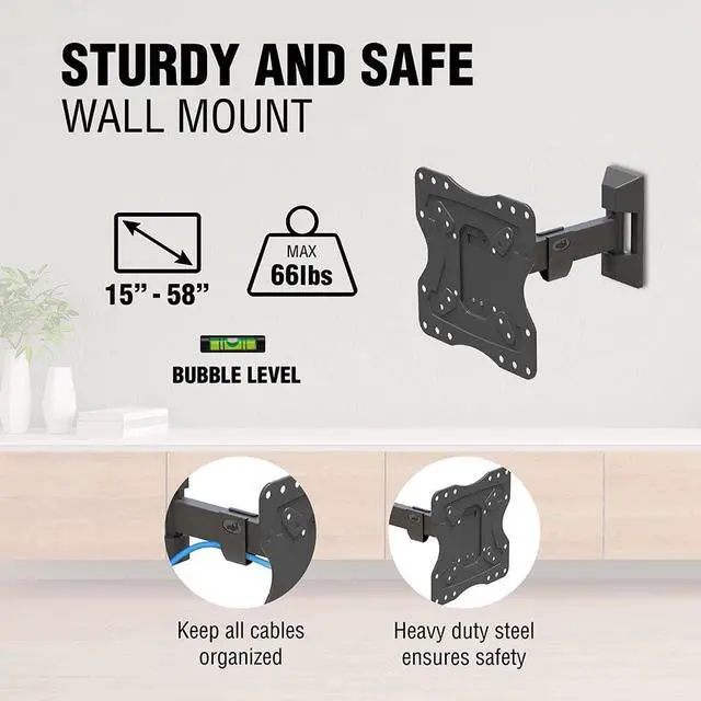 Alt view image 2 of 7 - ELG Full Motion TV Wall Mount for TVs 15'' to 58'', Holds up to 66.1lbs, Articulating Arms Swivels Tilt Extension, Max VESA 200x200mm, FULL20, Steel, Black