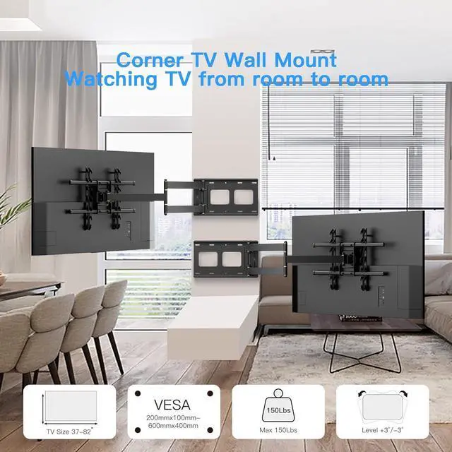 Alt view image 4 of 7 - FORGING MOUNT Long Arm Corner TV Mount with Height Setting Full Motion TV Wall Mount with 36" Extends for Corner/Flat Installed Fits 42"-86" TVs,Holds 150lbs,VESA 600x400mm