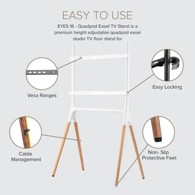 Alt view image 3 of 7 - POUT E16 TV Studio Display Mount - Solid Wood Easel Quad-Leg w/Height Adjustable White Bracket & Cable Ties - Max Load 88lbs 49 to 70 Inch LED LCD VESA Screens - Universal TV Stand Mount (White)