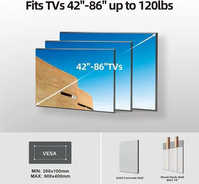 Alt view image 6 of 7 - Full Motion Mount, USX MOUNT Wall Mount for Most 42-86 inch TVs, Holds up to 120lbs, Max VESA 600x400mm, Swivel TV Bracket with Dual Articulating Arms Tilt Rotation Fits 16" Wood Stud