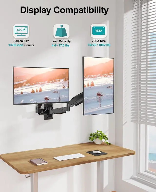 Alt view image 4 of 7 - MOUNT PRO Dual Monitor Wall Mount for 2 Computer Screen up to 32 Inch, Gas Spring Double Monitor Arm Holds Up to 17.6lbs Each, Full Motion Adjustable Wall Monitor Mount, VESA Mount 75x75/100x100