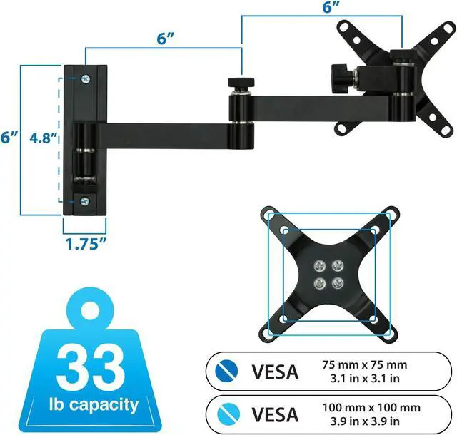 Alt view image 6 of 7 - Mount-It! Full Motion Computer Monitor Wall Mount, Articulating Arm Fits Single Monitor Screens 19 20 21.5 22 24 27 30 Inches, VESA 75 and 100 Compatible, 33 lb Capacity Black