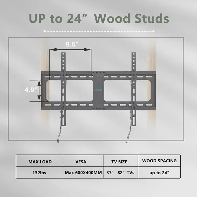 Alt view image 5 of 7 - Tilt TV Wall Mount Fits 16-24" Studs, Holds 37-82" TVs up to 132 lbs, Max VESA 600x400mm - By USX STAR