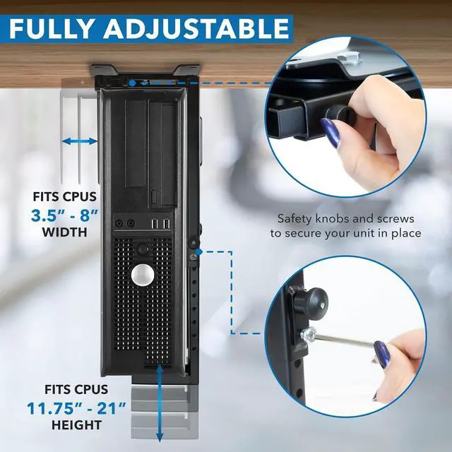 Alt view image 7 of 7 - Mount-It! CPU Under Desk Mount Bracket - Computer Tower Wall and Under Counter Holder, 360 Degree Swivel Adjustable Height and Width Wall-Mountable