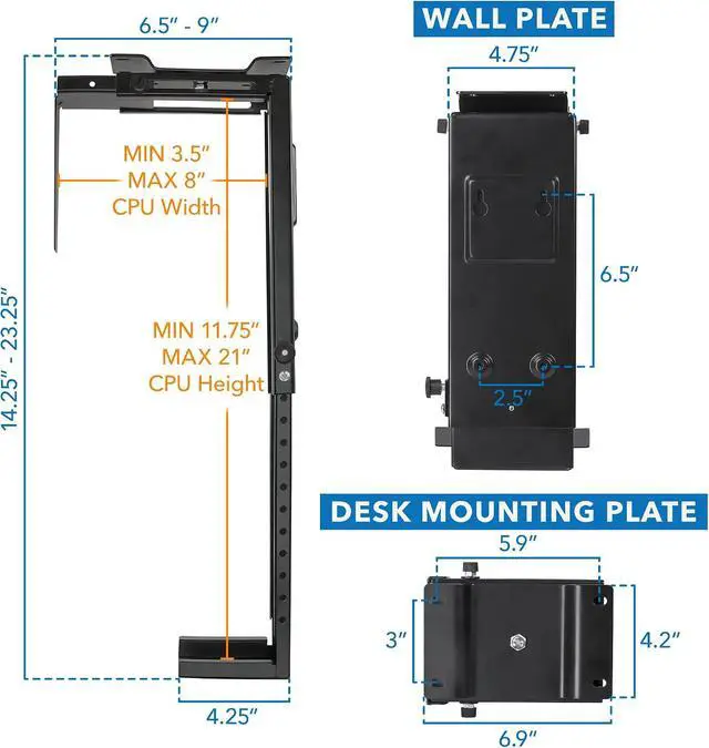 Alt view image 7 of 7 - Mount-It! CPU Under Desk Mount Bracket - Computer Tower Wall and Under Counter Holder, 360 Degree Swivel Adjustable Height and Width Wall-Mountable