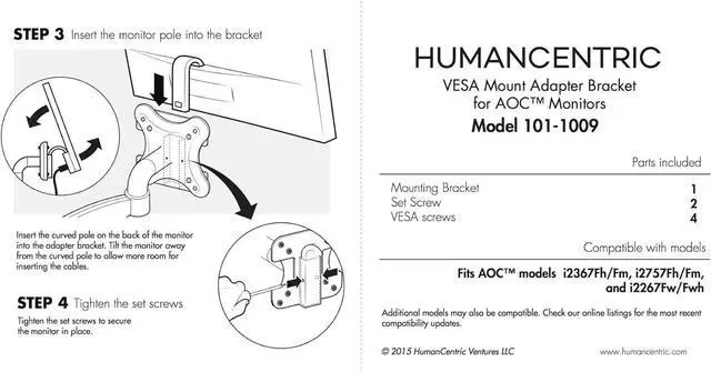 Alt view image 3 of 4 - HumanCentric VESA Mount Adapter Bracket Compatible with AOC i2367Fh/Fm/F, i2757Fh/Fm, i2067f, and i2267Fw/Fwh