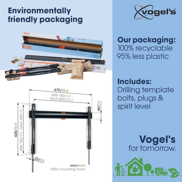 Alt view image 4 of 7 - Vogel's TVM 3605 Fixed TV Wall Bracket for 40-100 inch TVs, Max. 165 lbs (75 kg), Flat TV Wall Mount max. VESA 600x400, Universal Compatibility, Distance to The Wall just 0.87 inch