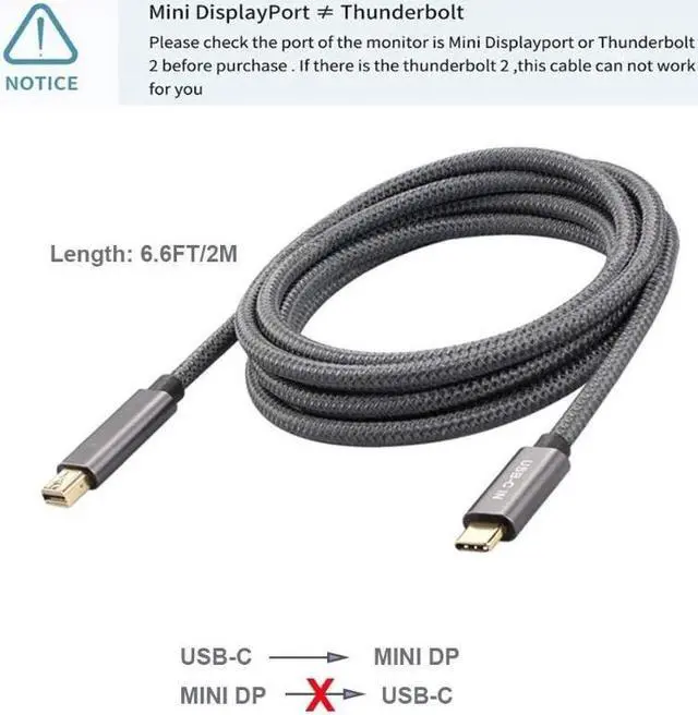 Alt view image 2 of 6 - USB C to Mini DisplayPort Cable, Type C to Mini DP Adapter 4K 6.6Ft Cord Thunderbolt 3 Compatible with MacBook Pro 2018 iPad Pro iMac 2019,Surface Book 2,Galaxy S10/S9 and More