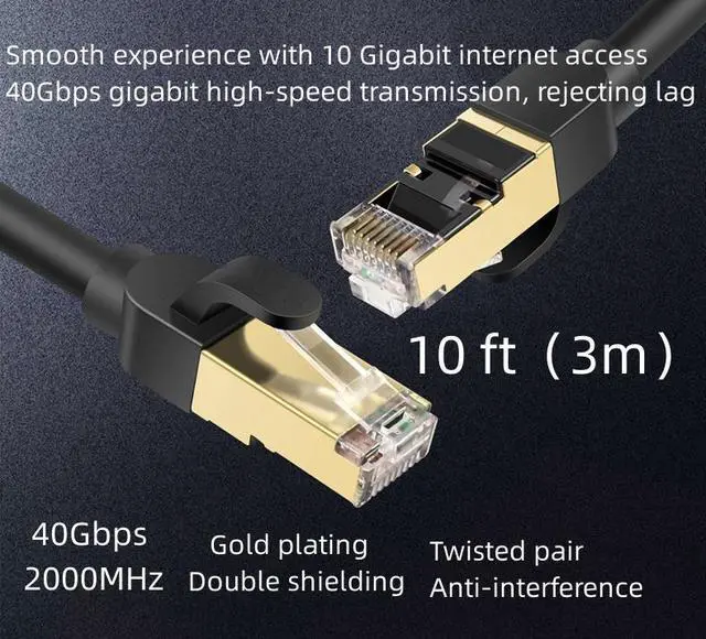 Main image of Cat 8 Ethernet Cable 10 ft. Shielded 26AWG Lastest 40Gbps 2000Mhz SFTP Patch Cord Heavy Duty High Speed Cat8 LAN Network RJ45 Cable- in Wall Outdoor Weatherproof Rated for Router Modem Gaming 10 ft.