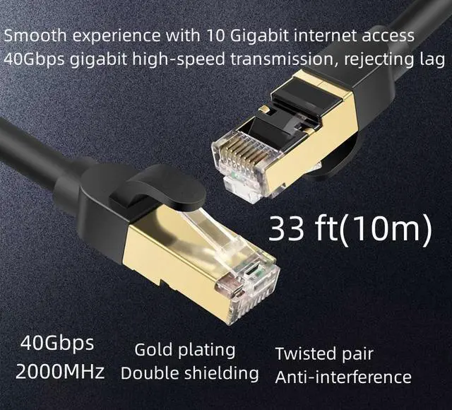 Main image of Cat 8 Ethernet Cable 33 ft Shielded 26AWG Lastest 40Gbps 2000Mhz SFTP Patch Cord Heavy Duty High Speed Cat8 LAN Network RJ45 Cable- in Wall Outdoor Weatherproof Rated for Router Modem Gaming 33 ft.