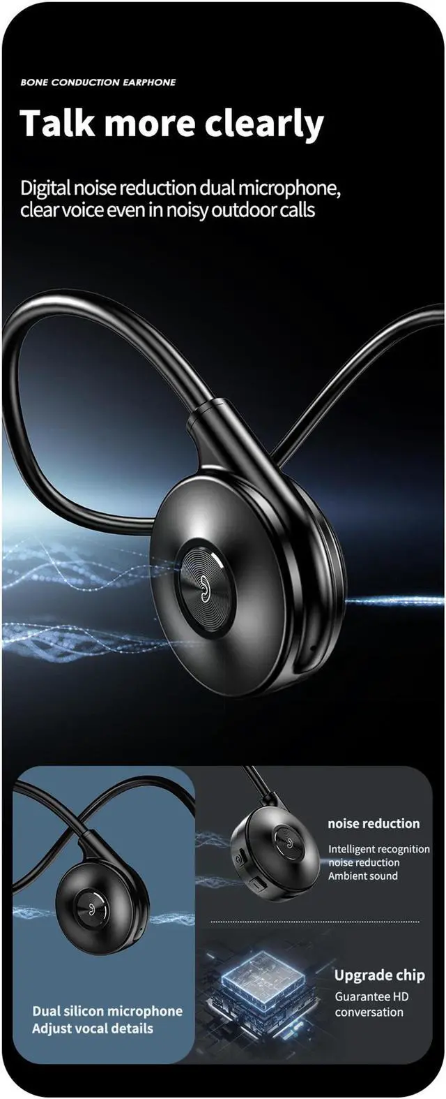 Alt view image 6 of 7 - 1Pcs Bone Conduction Headphones,Open-Ear Bluetooth Sport Headphones, Waterproof Wireless Headphones with Built-in Mic for Workout, Running, Hiking, Cycling-Black