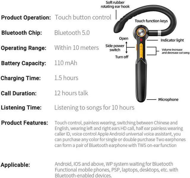Alt view image 6 of 7 - Bluetooth Headset, Built-in Microphone for IOS Android Cell Phone, V5.0 Hand-Free Headphones for Driver, Office