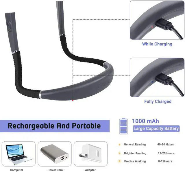 Alt view image 2 of 7 - 1PCS Night Reading LED Reading Light USB Rechargeable Three-Color Temperature Three-Position Reading Hanging Neck Reading Light,Black