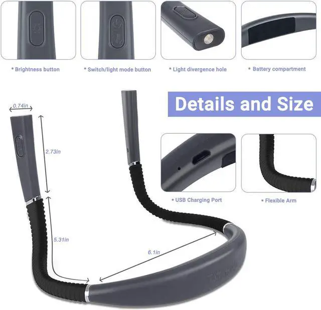 Alt view image 3 of 7 - 1PCS Night Reading LED Reading Light USB Rechargeable Three-Color Temperature Three-Position Reading Hanging Neck Reading Light,Black