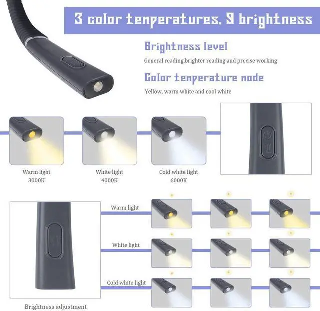Alt view image 7 of 7 - 1PCS Night Reading LED Reading Light USB Rechargeable Three-Color Temperature Three-Position Reading Hanging Neck Reading Light,Black