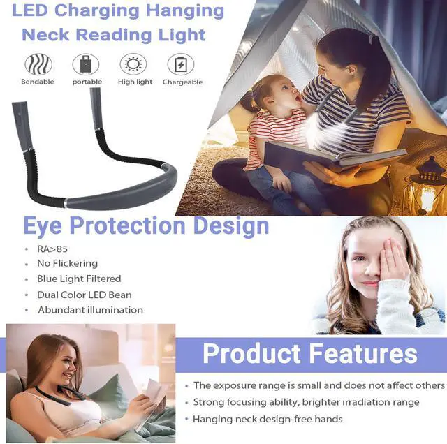 Alt view image 6 of 7 - 1PCS Night Reading LED Reading Light USB Rechargeable Three-Color Temperature Three-Position Reading Hanging Neck Reading Light,Black