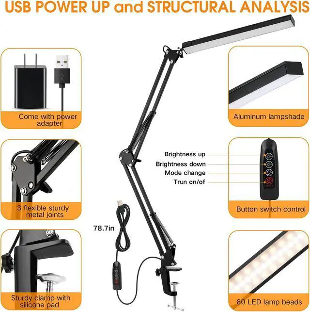 Alt view image 6 of 7 - 1PCS LED Desk Lamp,Adjustable Swing Arm Desk Lamp with Clamp,Dimmable Desk Light Eye-Care Table Light, 3 Color Modes,10-Level Brightness Table Lamp
