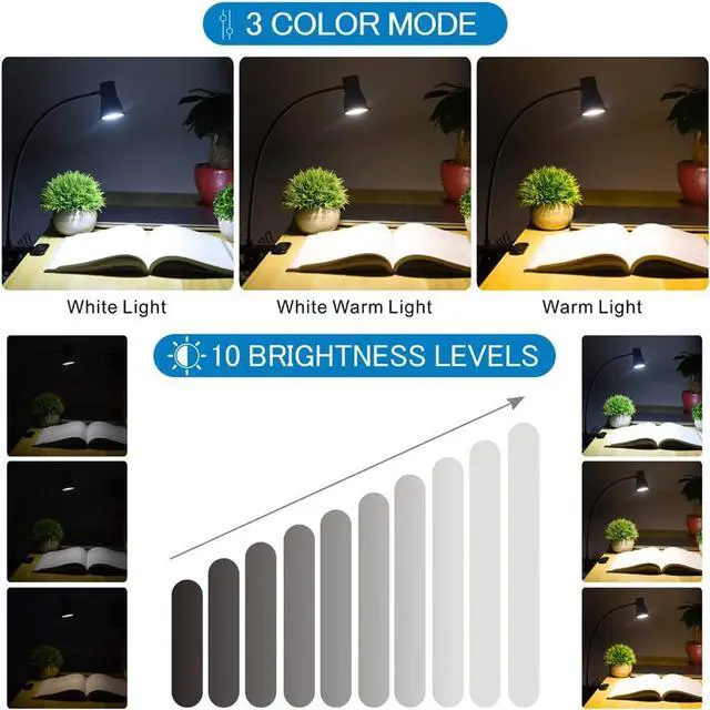 Alt view image 6 of 7 - 1PCS LED Desk Lamp,Adjustable Swing Arm Reading Lights with Clamp,Dimmable Desk Light Eye-Care Table Light, 3 Color Modes,10-Level Brightness Table Lamp