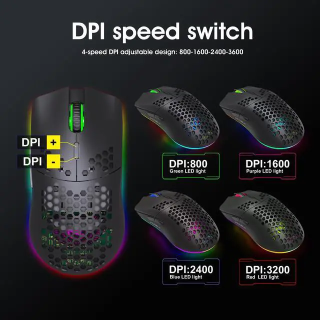 Alt view image 5 of 7 - Honeycomb Shell 2.4G Wireless RGB Gaming Mouse, 4-speed DPI adjustabe,Rechargeable Wireless Mouse, Computer Mice for PC Gaming, Black