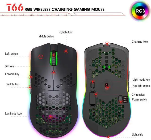 Alt view image 6 of 7 - Honeycomb Shell 2.4G Wireless RGB Gaming Mouse, 4-speed DPI adjustabe,Rechargeable Wireless Mouse, Computer Mice for PC Gaming, Black