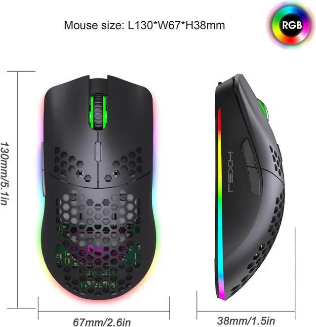 Alt view image 7 of 7 - Honeycomb Shell 2.4G Wireless RGB Gaming Mouse, 4-speed DPI adjustabe,Rechargeable Wireless Mouse, Computer Mice for PC Gaming, Black