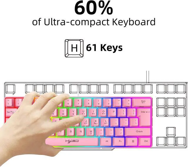 Alt view image 4 of 7 - Wired Gaming Keyboard, RGB Backlit Ultra-Compact Mini Keyboard, Waterproof Small Compact 61 Keys Keyboard for PC/Mac Gamer, Pink