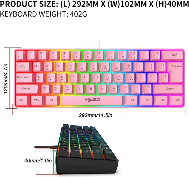 Alt view image 6 of 7 - Wired Gaming Keyboard, RGB Backlit Ultra-Compact Mini Keyboard, Waterproof Small Compact 61 Keys Keyboard for PC/Mac Gamer, Pink