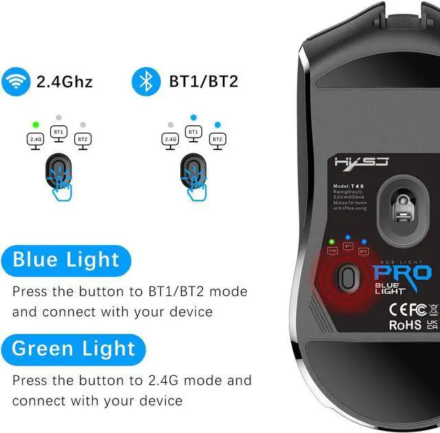 Alt view image 4 of 7 - Bluetooth Mouse Multi-Device,Rechargeable Wireless Gaming Mice,3 Modes (BT5.1,BT5.1 and USB 2.4GHz),4000 DPI,RGB Rainbow Backlit
