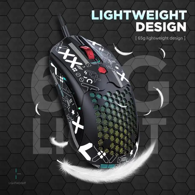 Alt view image 3 of 7 - Lightweight Wired Gaming Mouse with 12000 DPI 6 Programmed Buttons,65G Honeycomb Shell,26 RGB Breathing Backlit Mice,Pixart 3325 Optical Sensor Gamer Mice Red