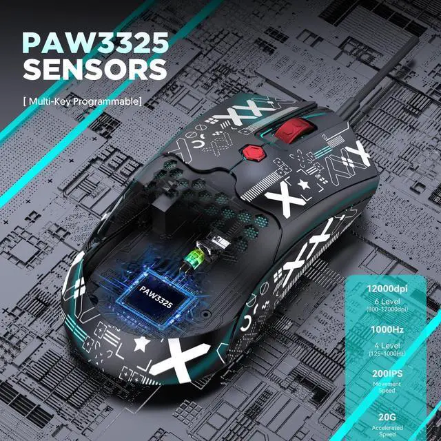 Alt view image 4 of 7 - Lightweight Wired Gaming Mouse with 12000 DPI 6 Programmed Buttons,65G Honeycomb Shell,26 RGB Breathing Backlit Mice,Pixart 3325 Optical Sensor Gamer Mice Red