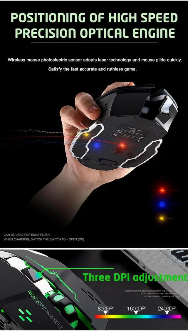 Alt view image 6 of 7 - Rechargeable Wireless Gaming Mouse, 2.4G LED Optical Silent Wireless Computer Mouse with 7 Color Light, 3 Adjustable DPI, Ergonomic Design