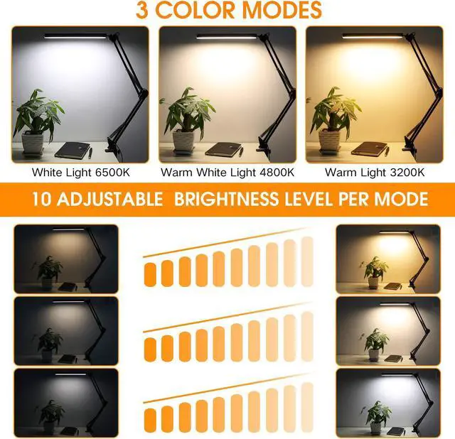Alt view image 4 of 7 - LED Desk Lamp,Adjustable Swing Arm Desk Lamp with Clamp,Dimmable Desk Light Eye-Care Table Light, 3 Color Modes,10-Level Brightness Table Lamp White