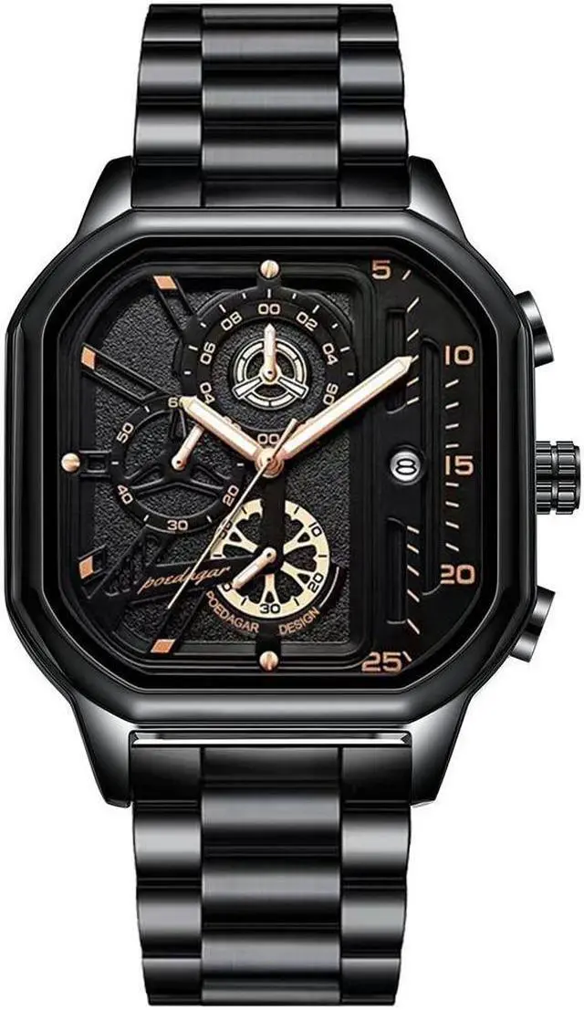 Main image of Men's Fashion Stainless Steel Watches Date Waterproof Chronograph Wristwatches,Stainsteel Steel Band Waterproof Watch Black And Gold