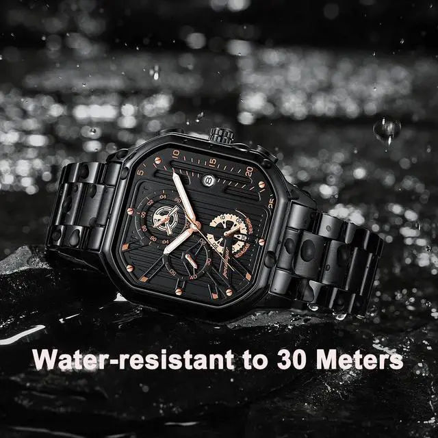 Alt view image 3 of 7 - Men's Fashion Stainless Steel Watches Date Waterproof Chronograph Wristwatches,Stainsteel Steel Band Waterproof Watch Black And Gold