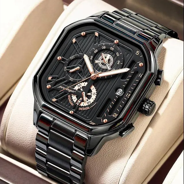 Alt view image 7 of 7 - Men's Fashion Stainless Steel Watches Date Waterproof Chronograph Wristwatches,Stainsteel Steel Band Waterproof Watch Black And Gold