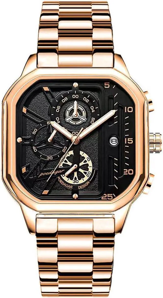 Main image of Men's Fashion Stainless Steel Watches Date Waterproof Chronograph Wristwatches,Stainsteel Steel Band Waterproof Watch Gold Black