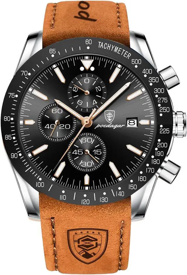 Main image of Men's Fashion Stainless Steel Watches Date Waterproof Chronograph Wristwatches,Genuine Leather Strap Waterproof Watch