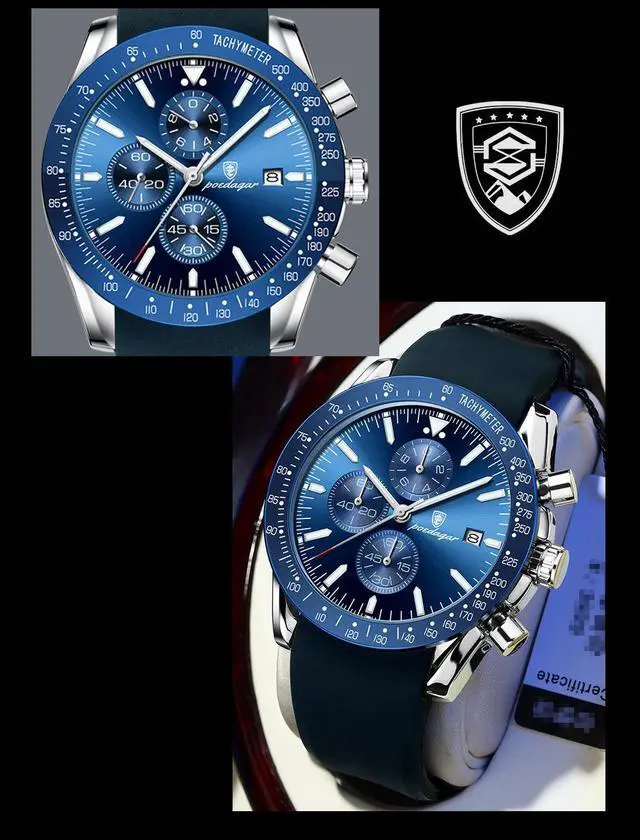Alt view image 4 of 7 - Men's Fashion Stainless Steel Watches Date Waterproof Chronograph Wristwatches,Genuine Leather Strap Waterproof Watch Blue